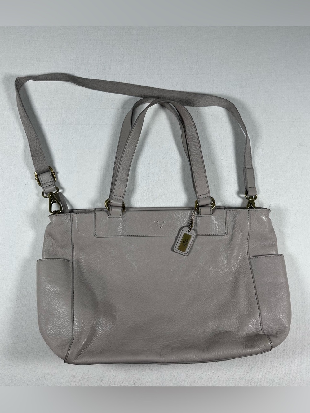 Fossil Sydney Leather Tote Bag Double Handle Shoulder Strap Pebbled Earl Gray